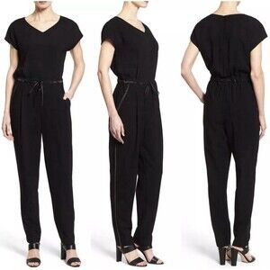 Lafayette 148 NY Size P (0-2) Jumpsuit Black Columbia Silk Trim V Neck Crepe